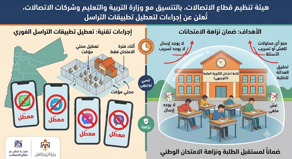 حجب تطبيقات التراسل في محيط قاعات امتحانات التوجيهي