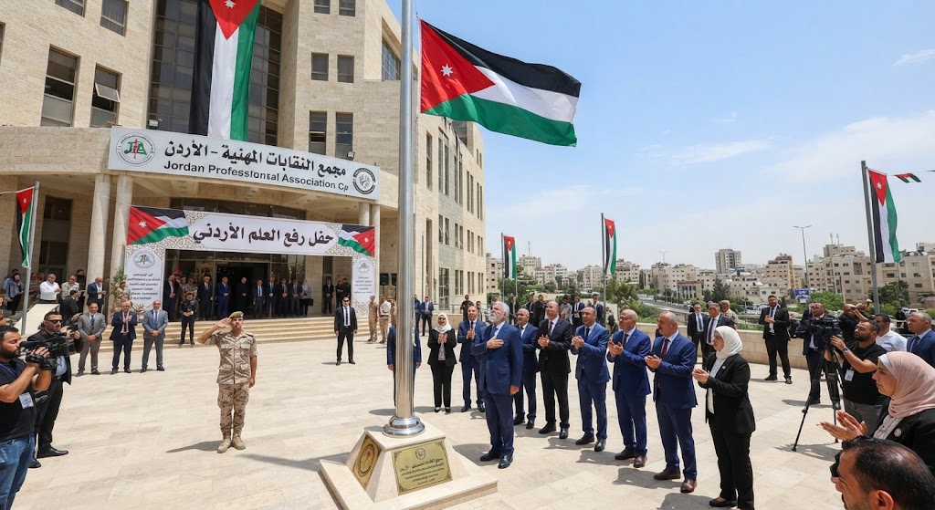 وزير الشؤون السياسية يشهد رفع العلم الأردني على سارية بارتفاع 20 متراً في مجمع النقابات المهنية
